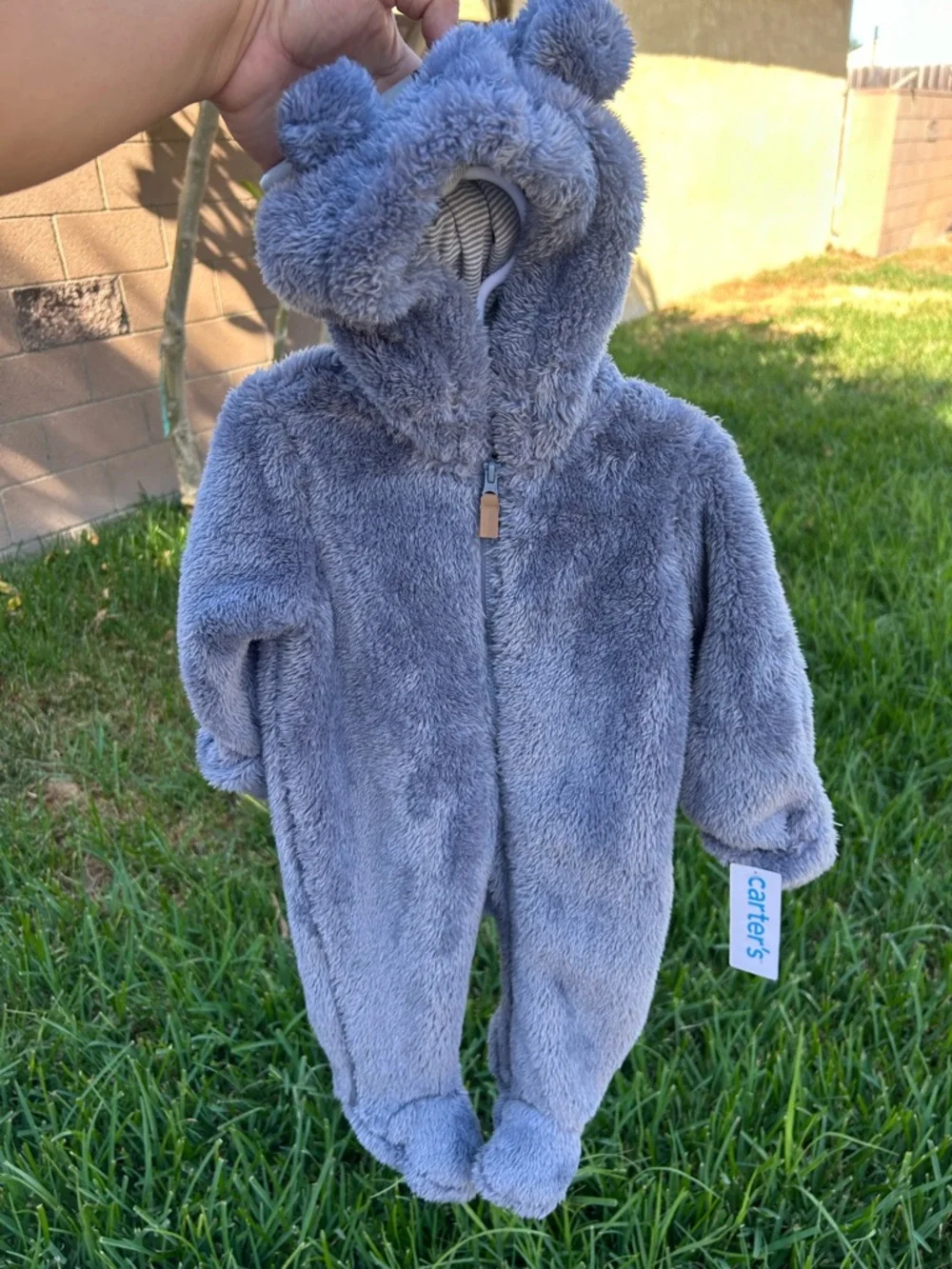 Carter's Plush Blue-Gray Bear Hooded Footed One-Piece